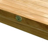 Close up view of teak square table with logo on it
