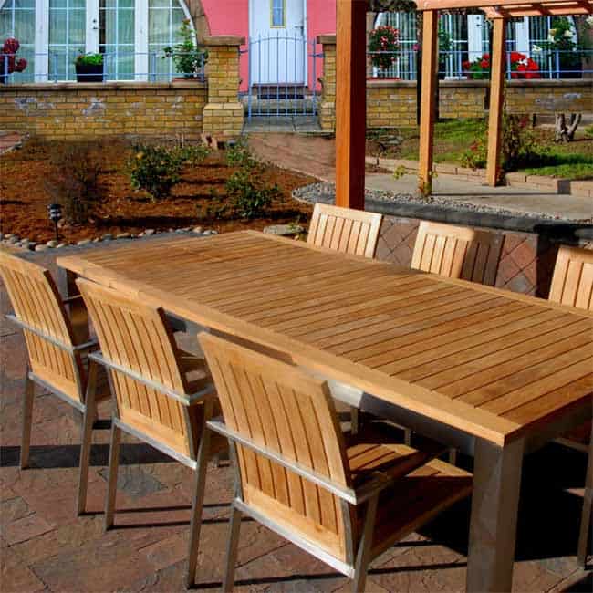 7 Pc Steel Teak Extension Table dining set – Signature Table and Alzette Chairs