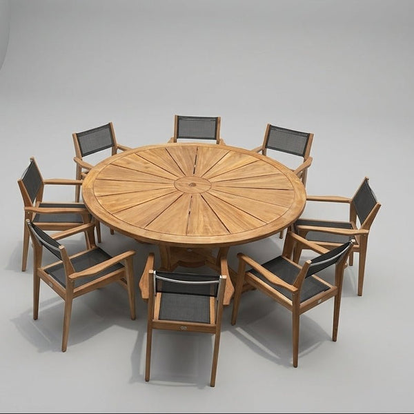 Top view of 9pc dining set Teak 6ft Helios round dining table set with 8 stacking teak baytline chairs