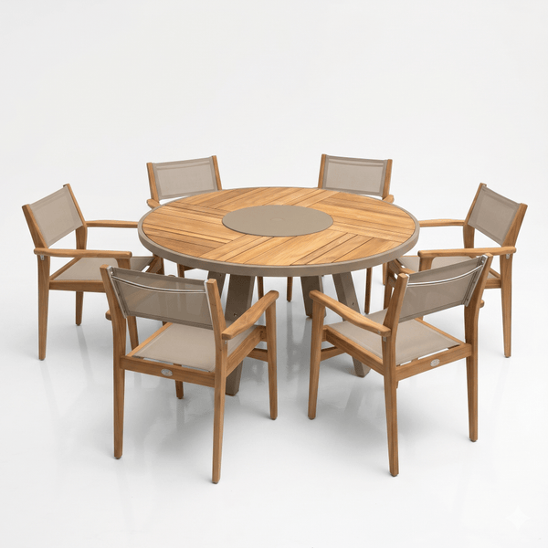 Teak_Aluminum_powder_coated_taupe_color_dining_set_with_dansih_taupe_sling_chairs