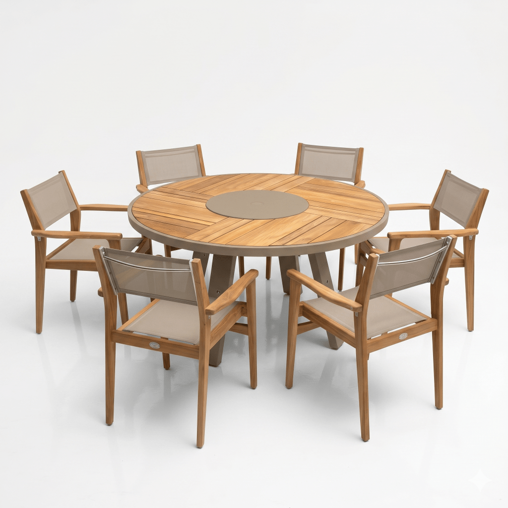 Teak_Aluminum_powder_coated_taupe_color_dining_set_with_dansih_taupe_sling_chairs