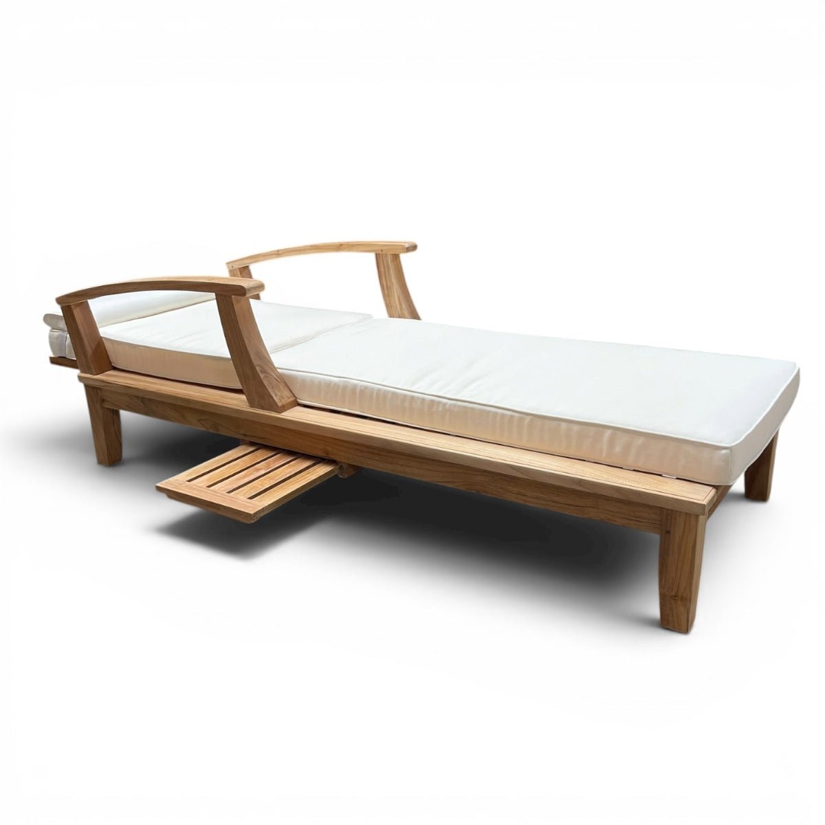 Teak Chaise Outdoor Lounger with side tray and Oyster off white cushion in fully laid down position