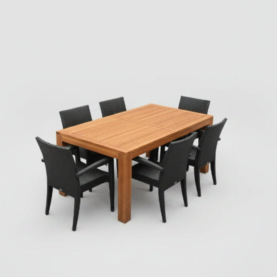 7 Pc Teak Patio Dining Set | Cornwal 83" Table with Tuscany Wicker Chairs