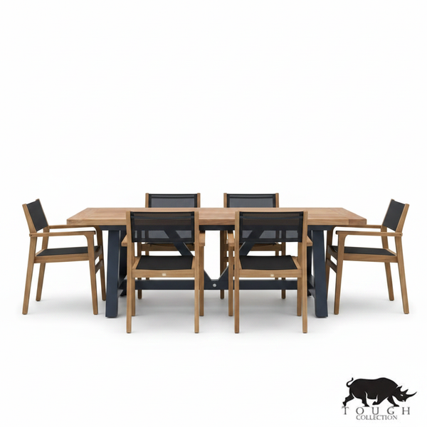 7-piece Danish teak sling dining set with Westport table and Danish arm chairs
