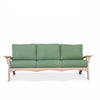 front view teak three seater with plush cushions 