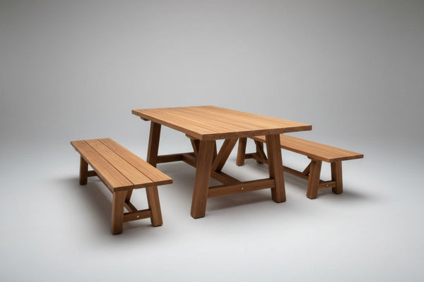 Recycled natural finish beam teak dining set with benches 