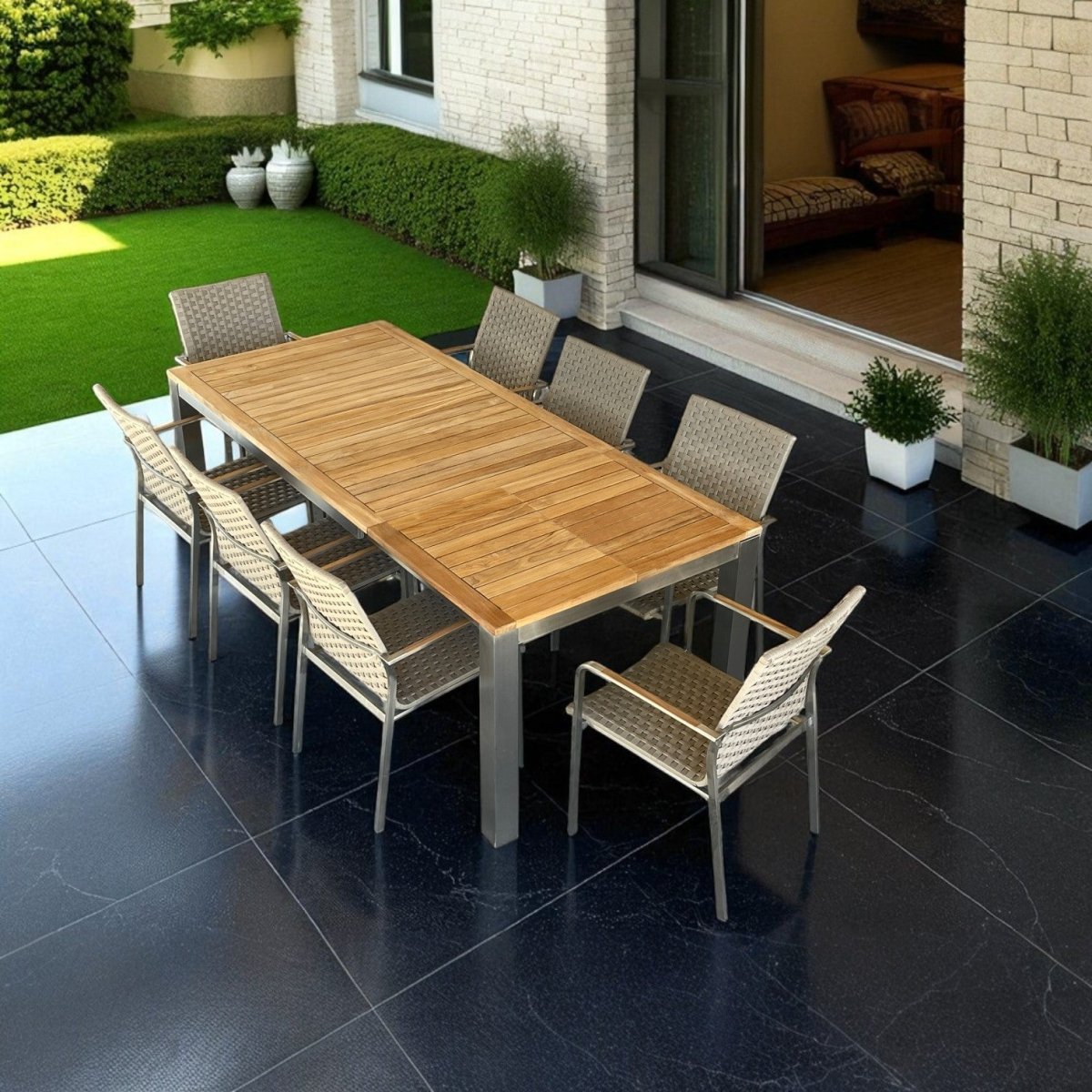 9 Pc Steel Teak Front Slide Extension Dining Set – Signature Table & Rover Rope Stacking Chairs