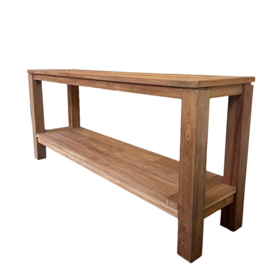 indoor outdoor teak console table thick legs with shelf