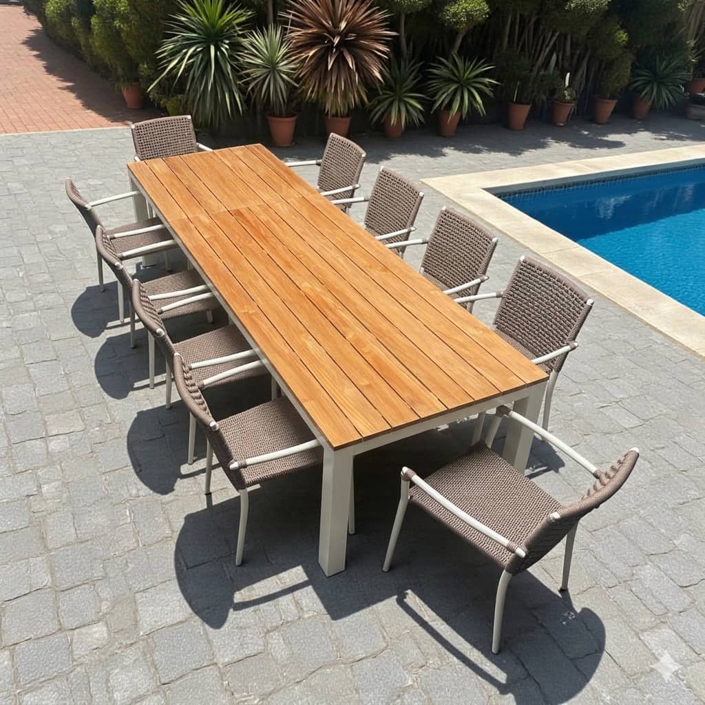 Outdoor frontslide extension table 10 to 12 seater with rope weaved stacking chairs