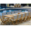 Teak steel frontslide extension table with folding chairs fully extended 122 inches