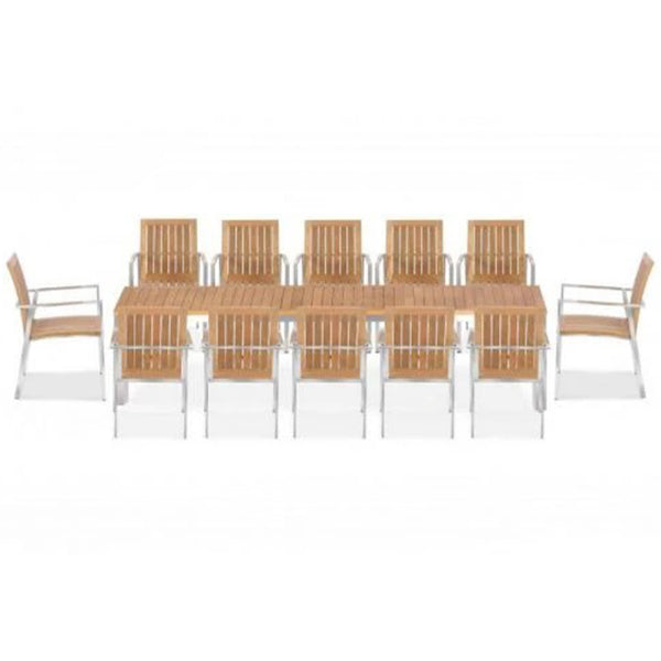 Teak stacking chair and frontslide extension dining set for 10-12