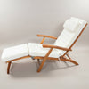 Teak deck folding chair steamer side view with oyster white cushion 