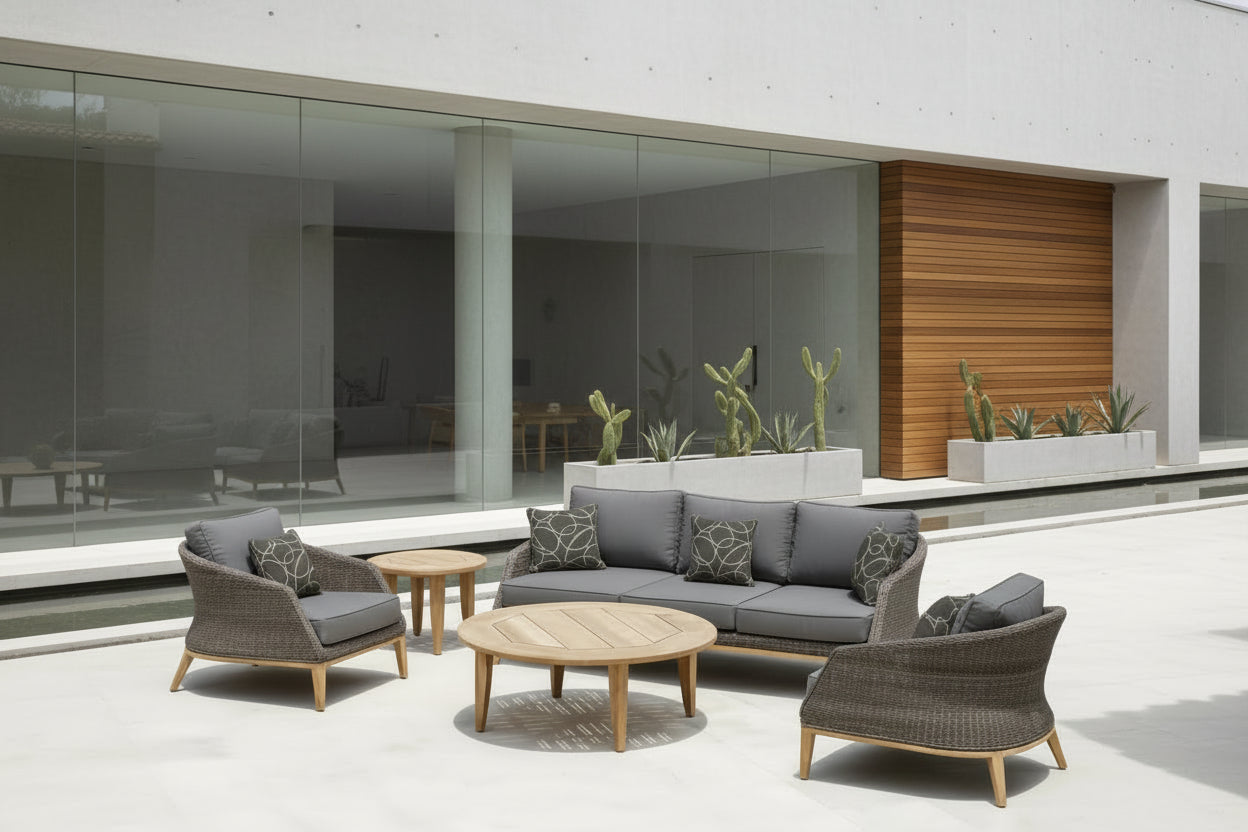 teak wicker conversation deep seat set with coffee table and end table