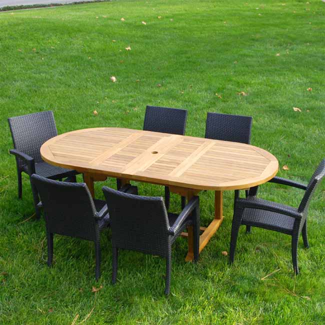 McGill Teak 7pc Patio Dining Table Set | Rise Oval Table with Tuscany Stacking Chairs