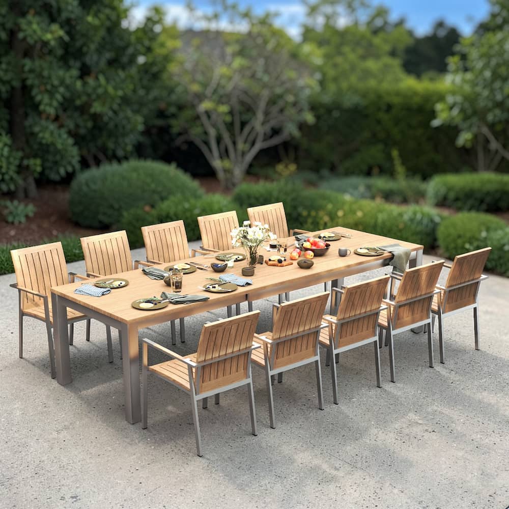 11 Pc Stainless Steel Teak Dining Extension Table  Signature & Alzetta Chairs
