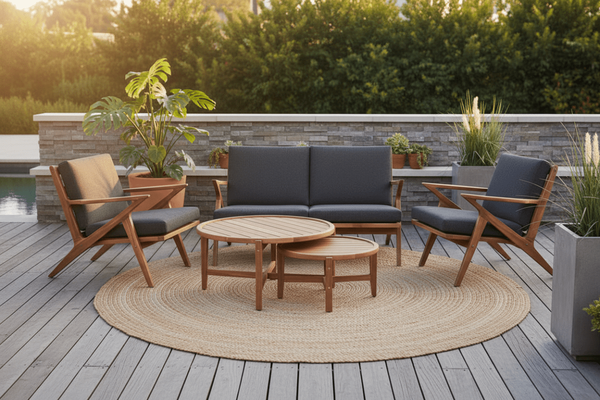 5-Pc Koge Outdoor Lounge Set - Mid-Century Teak with Nesting Coffee Tables
