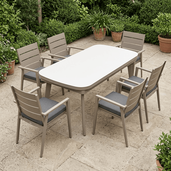 taupe outdoor dining set-Fram taupe dining set with a continuous tabletop and six Keto chairs