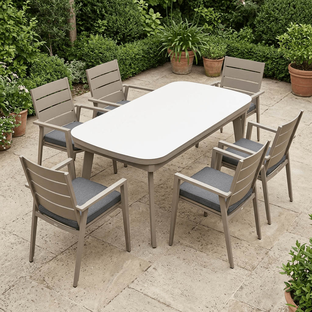 taupe outdoor dining set-Fram taupe dining set with a continuous tabletop and six Keto chairs