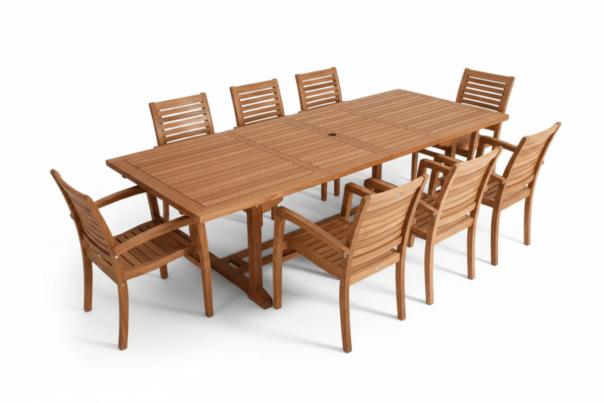 9pc Teak Outdoor Rectangular Double Extension Dining Set – Rise Table & Jakarta Chairs