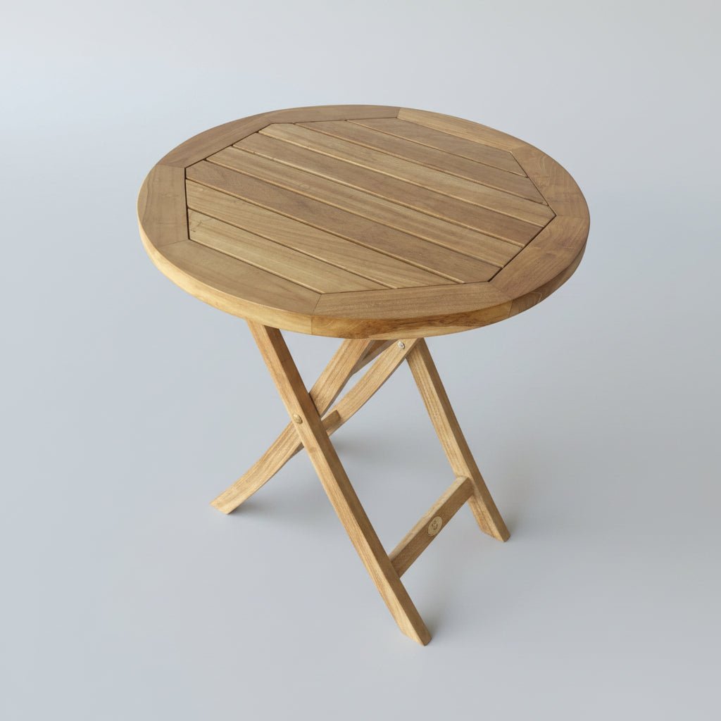 top view of teak folding bistro table 24 inches diameter