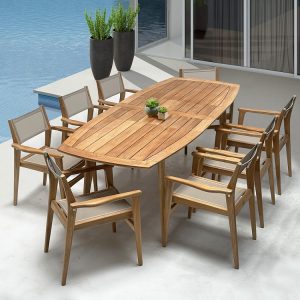 Teak sling outdoor stacking chair with dining table