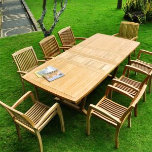 Teak outdoor extension table as dining set