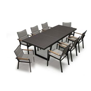 Outdoor dining set with aluminum table and paded sling stacking chairs